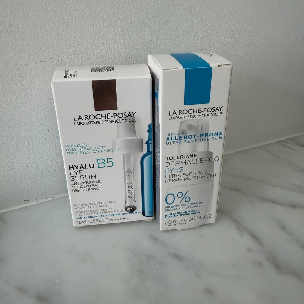 La Roche-Posay Hyalu B5 Eye Serum & Toleriane Dermallergo Eyes — Blue and White
